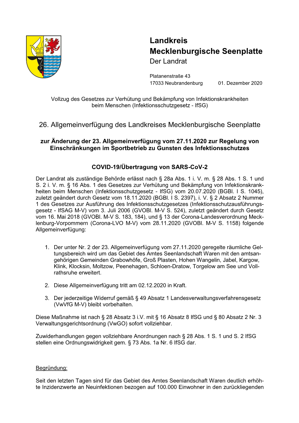 26. Allgemeinverfügung Erweiterung 23.AV Auf Amt Seenl.Waren