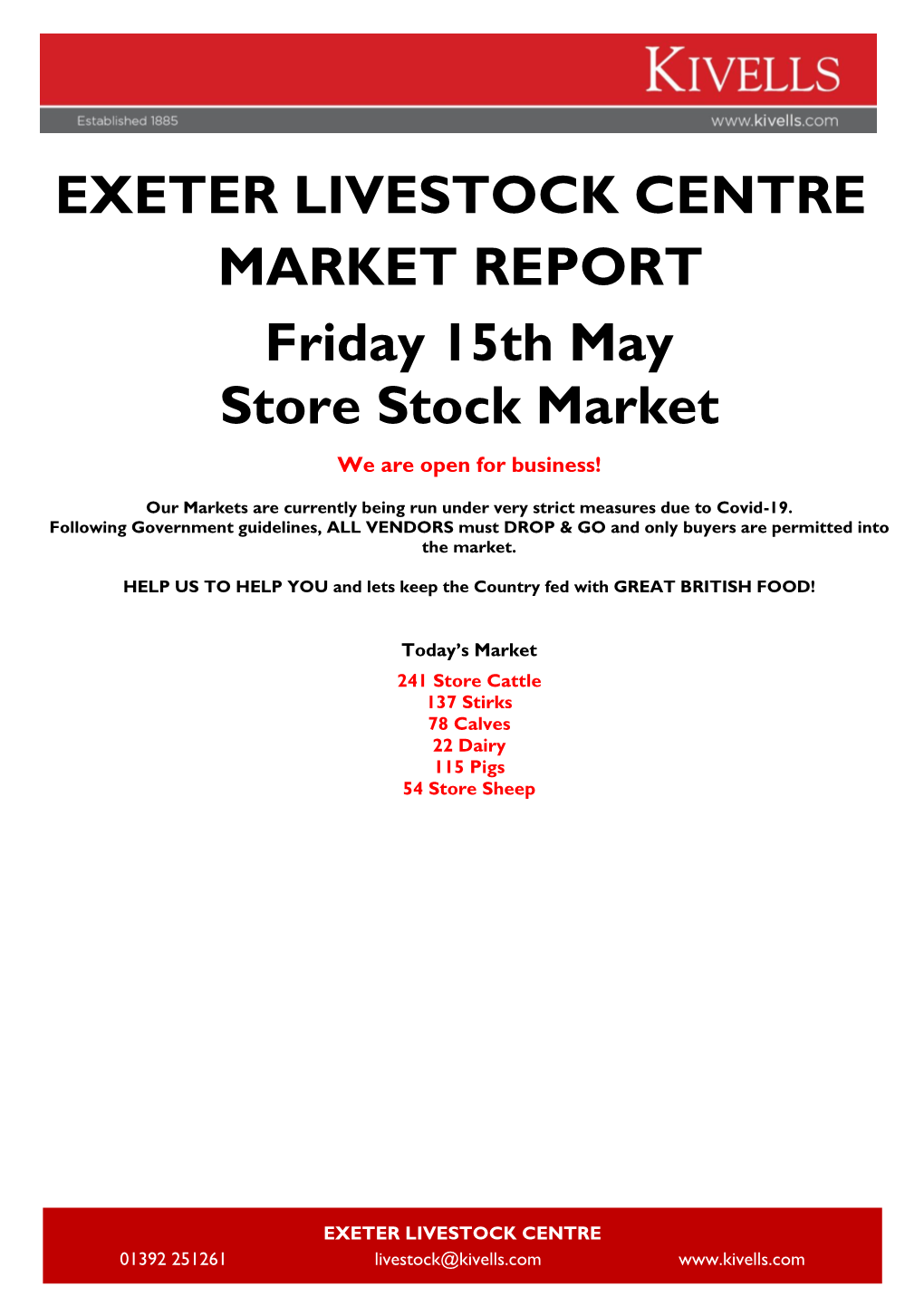 EXETER LIVESTOCK CENTRE MARKET REPORT Friday 15Th May