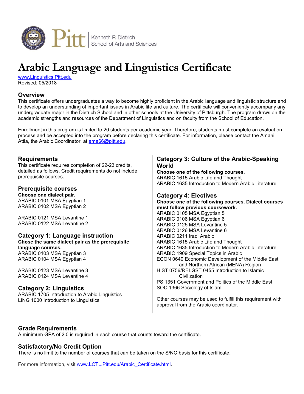 Arabic Language and Linguistics Certificate Revised: 05/2018