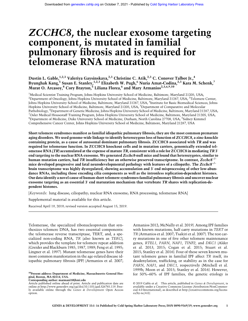 ZCCHC8, the Nuclear Exosome Targeting Component, Is Mutated in Familial Pulmonary Fibrosis and Is Required for Telomerase RNA Maturation