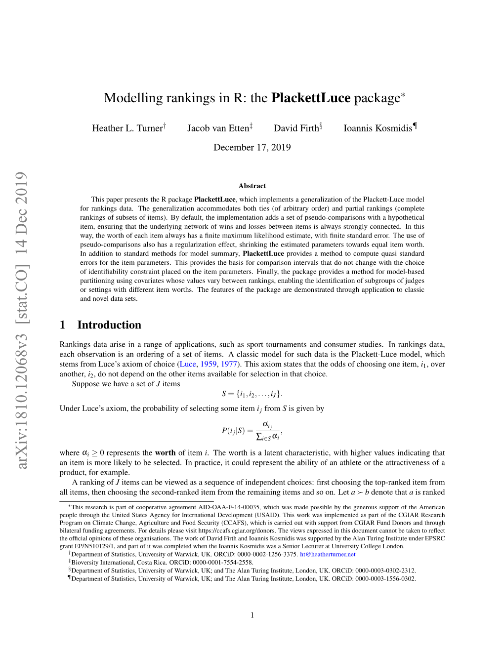 Modelling Rankings in R: the Plackettluce Package∗