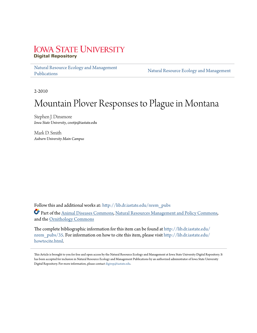 Mountain Plover Responses to Plague in Montana Stephen J