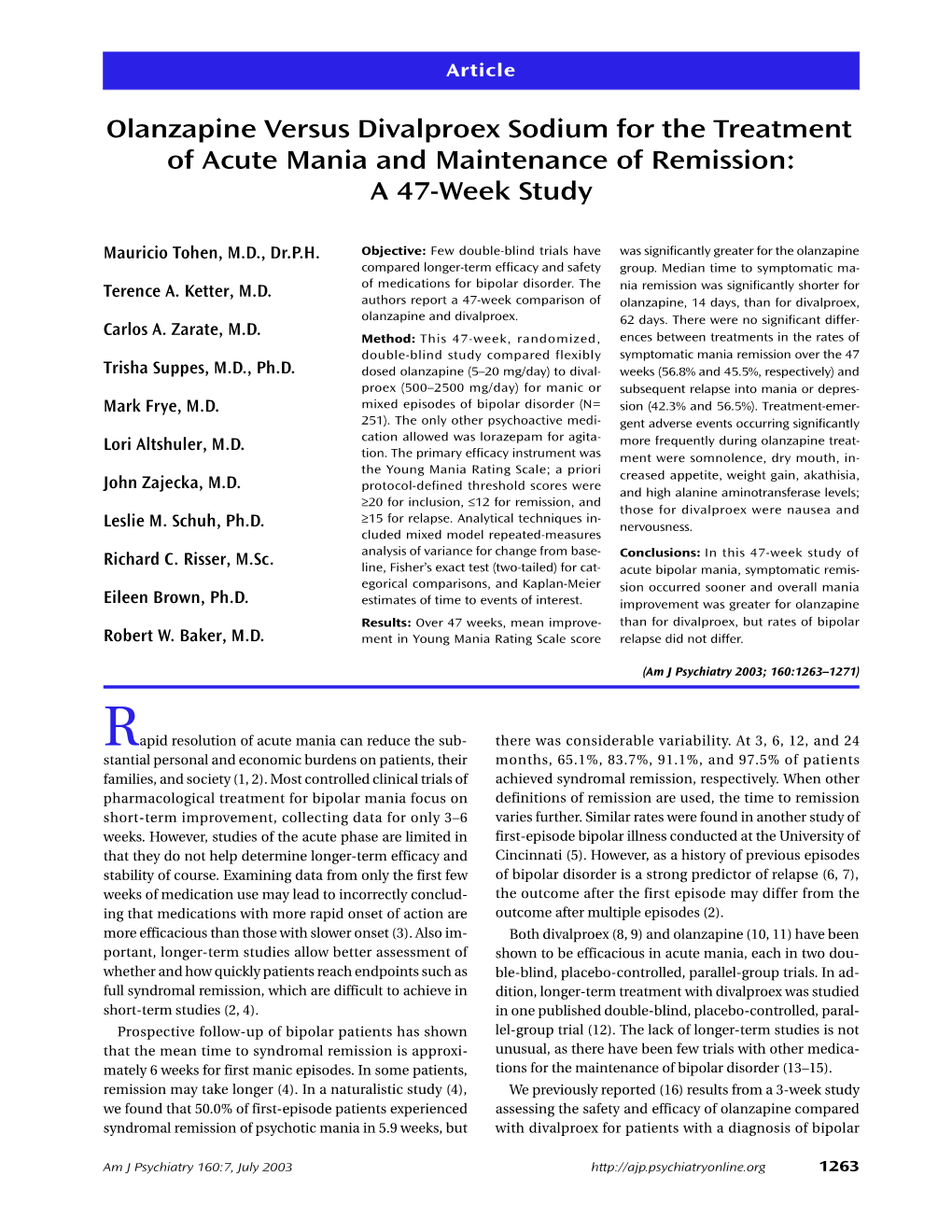 Olanzapine Versus Divalproex Sodium for the Treatment of Acute Mania and Maintenance of Remission: a 47-Week Study