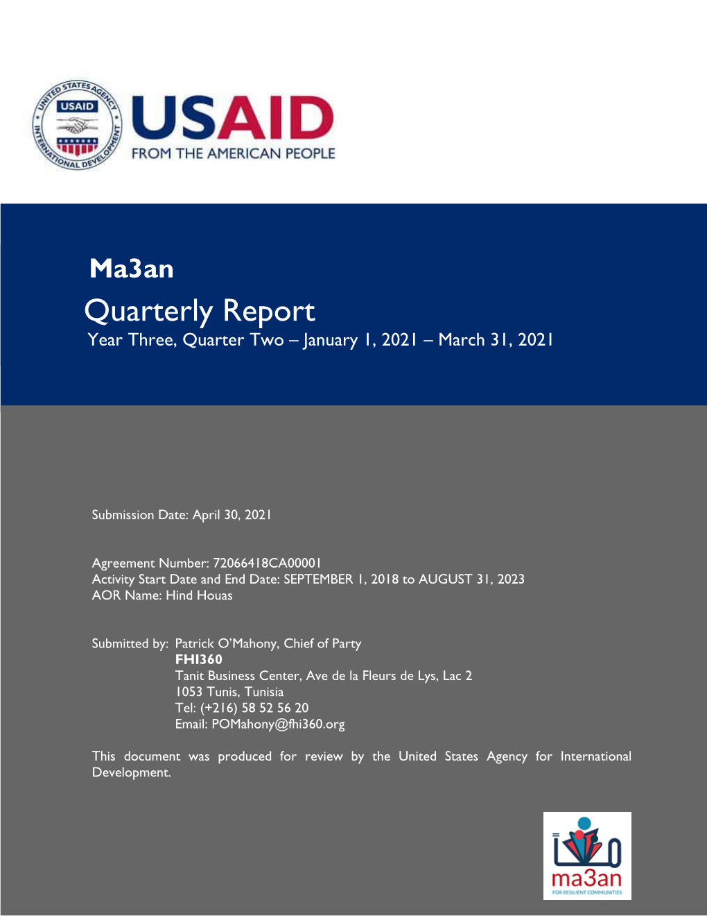 Quarterly Report Year Three, Quarter Two – January 1, 2021 – March 31, 2021