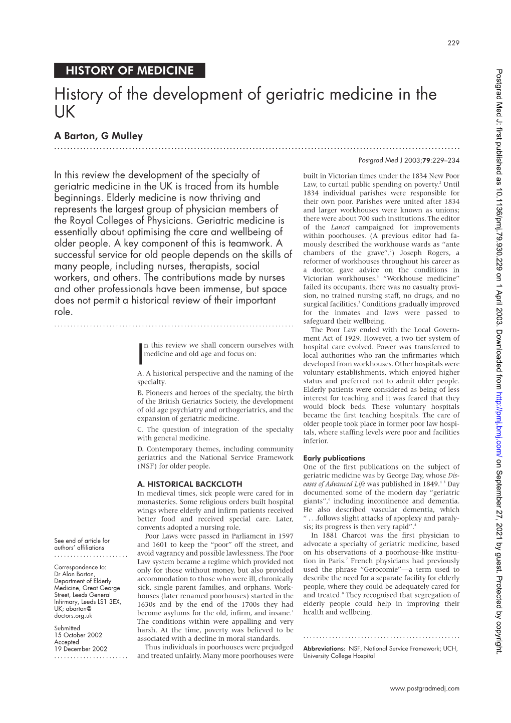 History of the Development of Geriatric Medicine in the UK a Barton, G Mulley