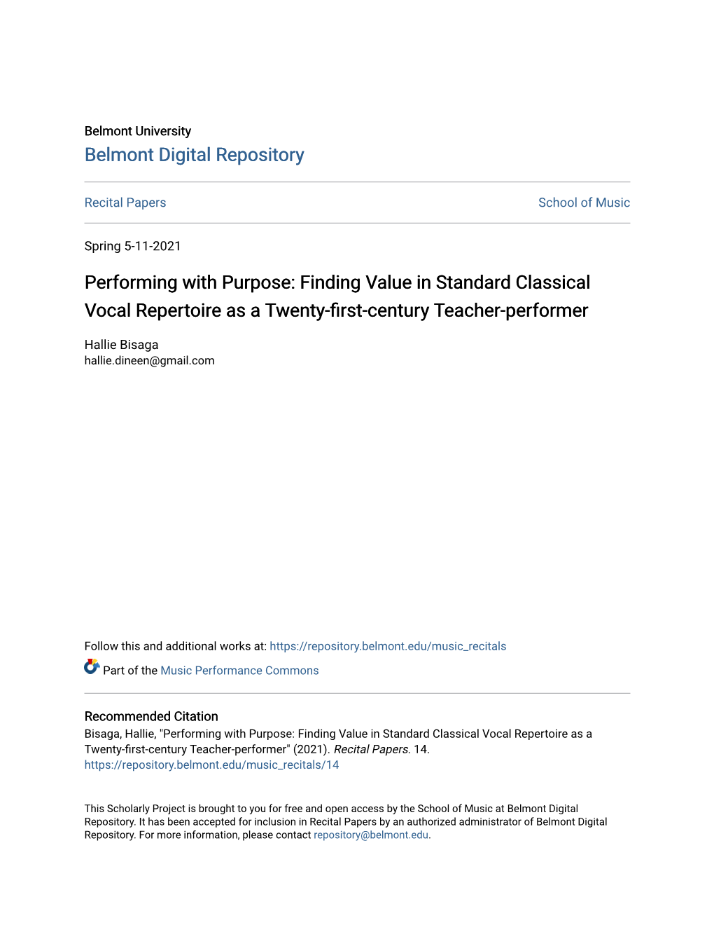 Finding Value in Standard Classical Vocal Repertoire As a Twenty-First-Century Teacher-Performer