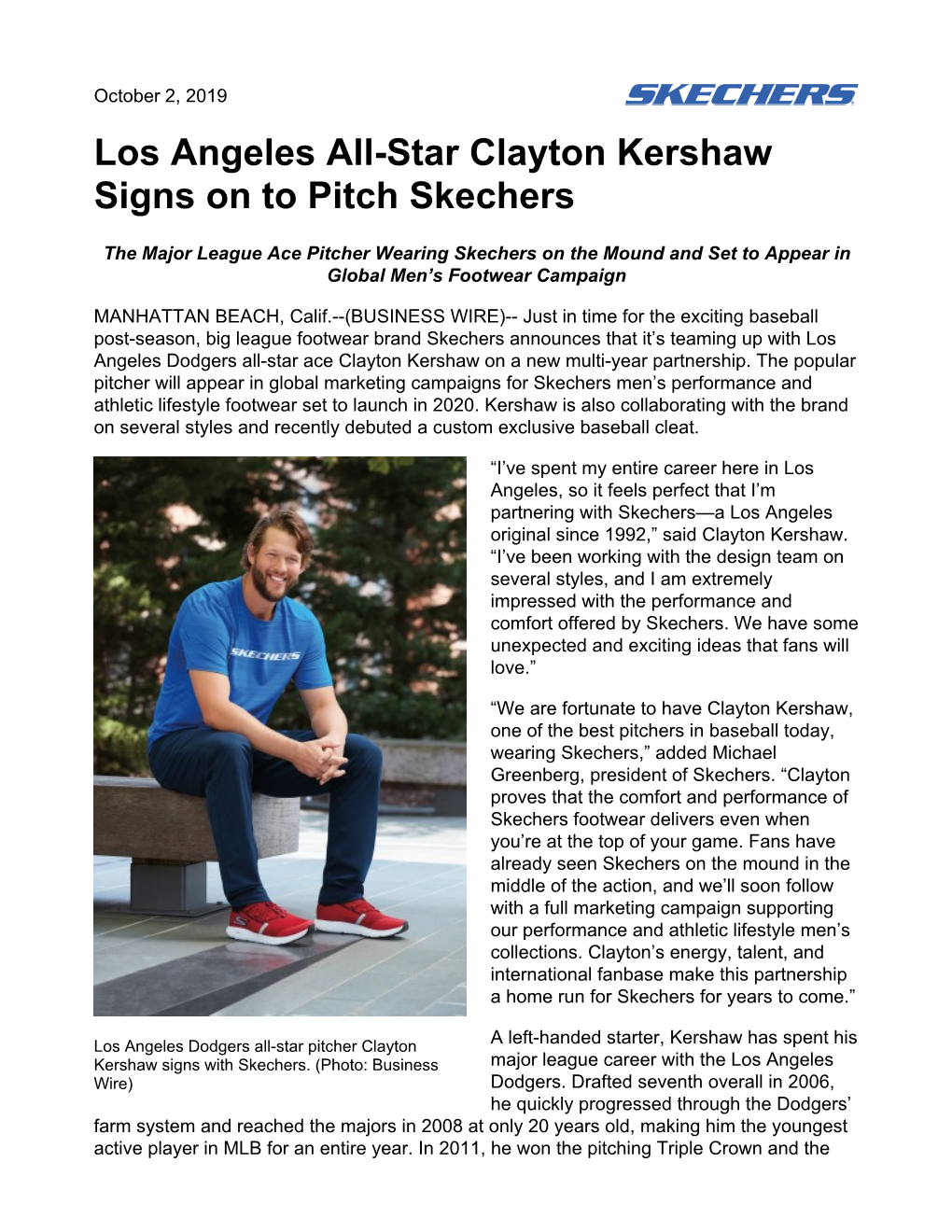 Los Angeles All-Star Clayton Kershaw Signs on to Pitch Skechers