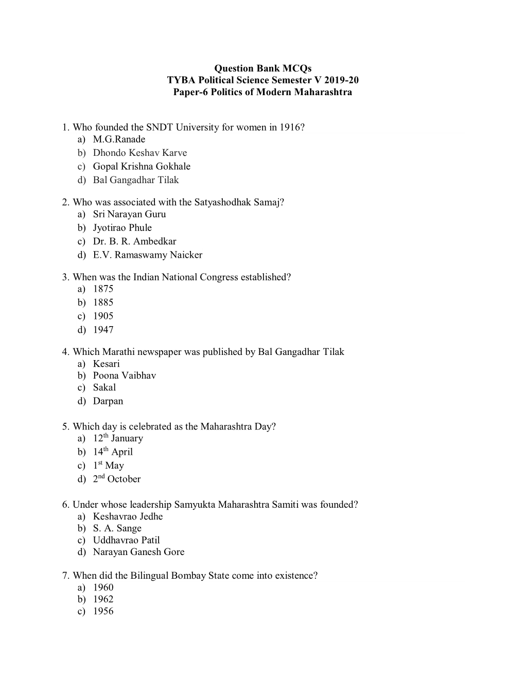 Question Bank Mcqs TYBA Political Science Semester V 2019-20 Paper-6 Politics of Modern Maharashtra