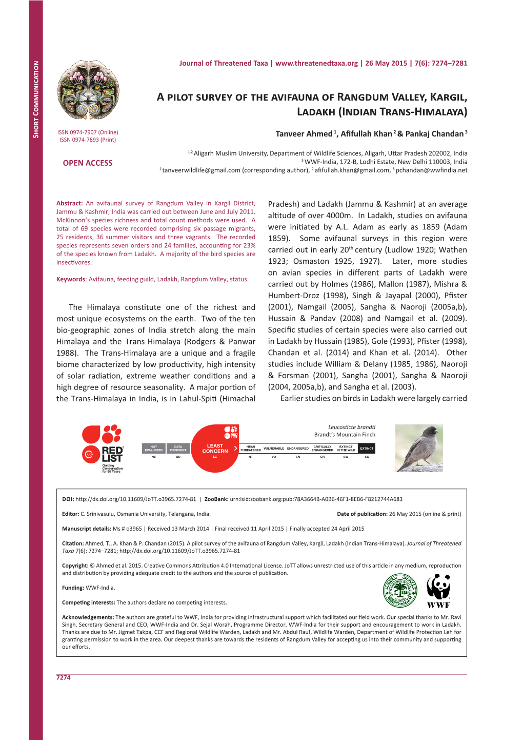 A Pilot Survey of the Avifauna of Rangdum Valley, Kargil, Ladakh (Indian Trans-Himalaya)