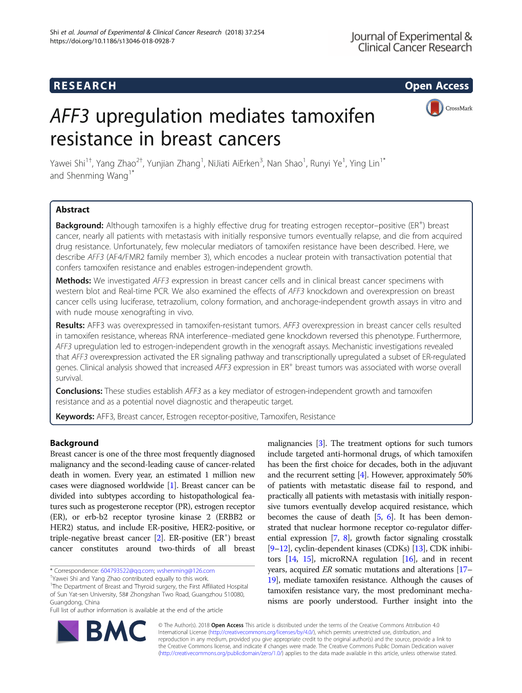 AFF3 Upregulation Mediates Tamoxifen Resistance in Breast