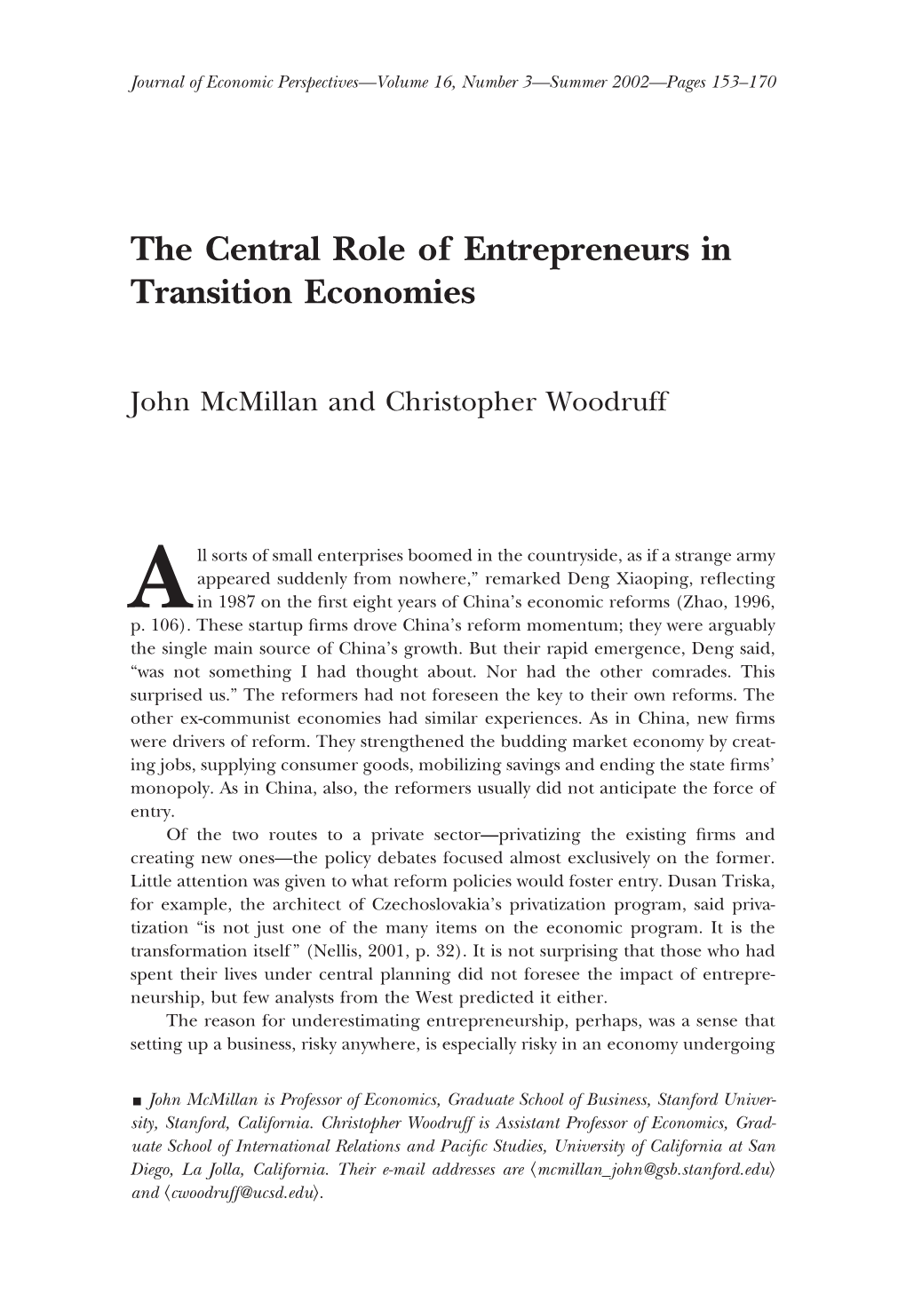 The Central Role of Entrepreneurs in Transition Economies