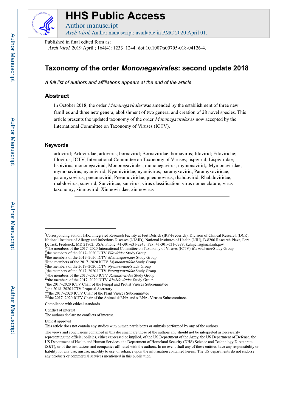 Taxonomy of the Order Mononegavirales: Second Update 2018