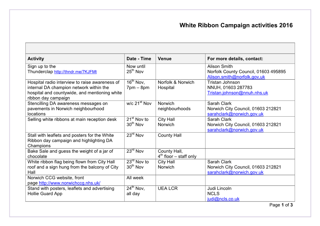 White Ribbon Campaign Activities 2016