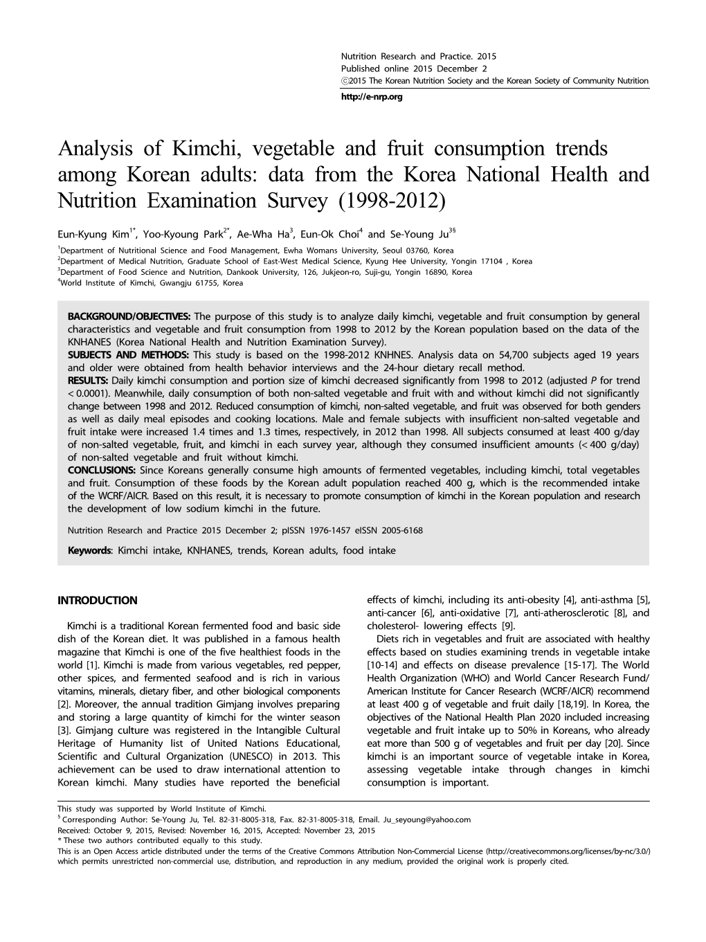 Analysis of Kimchi, Vegetable and Fruit Consumption Trends Among Korean Adults: Data from the Korea National Health and Nutrition Examination Survey (1998-2012)