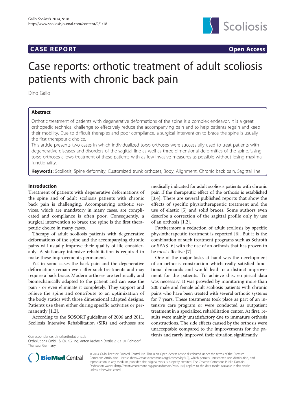 Orthotic Treatment of Adult Scoliosis Patients with Chronic Back Pain Dino Gallo