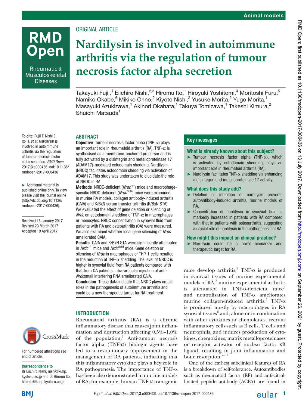 Nardilysin Is Involved in Autoimmune Arthritis Via the Regulation of Tumour Necrosis Factor Alpha Secretion