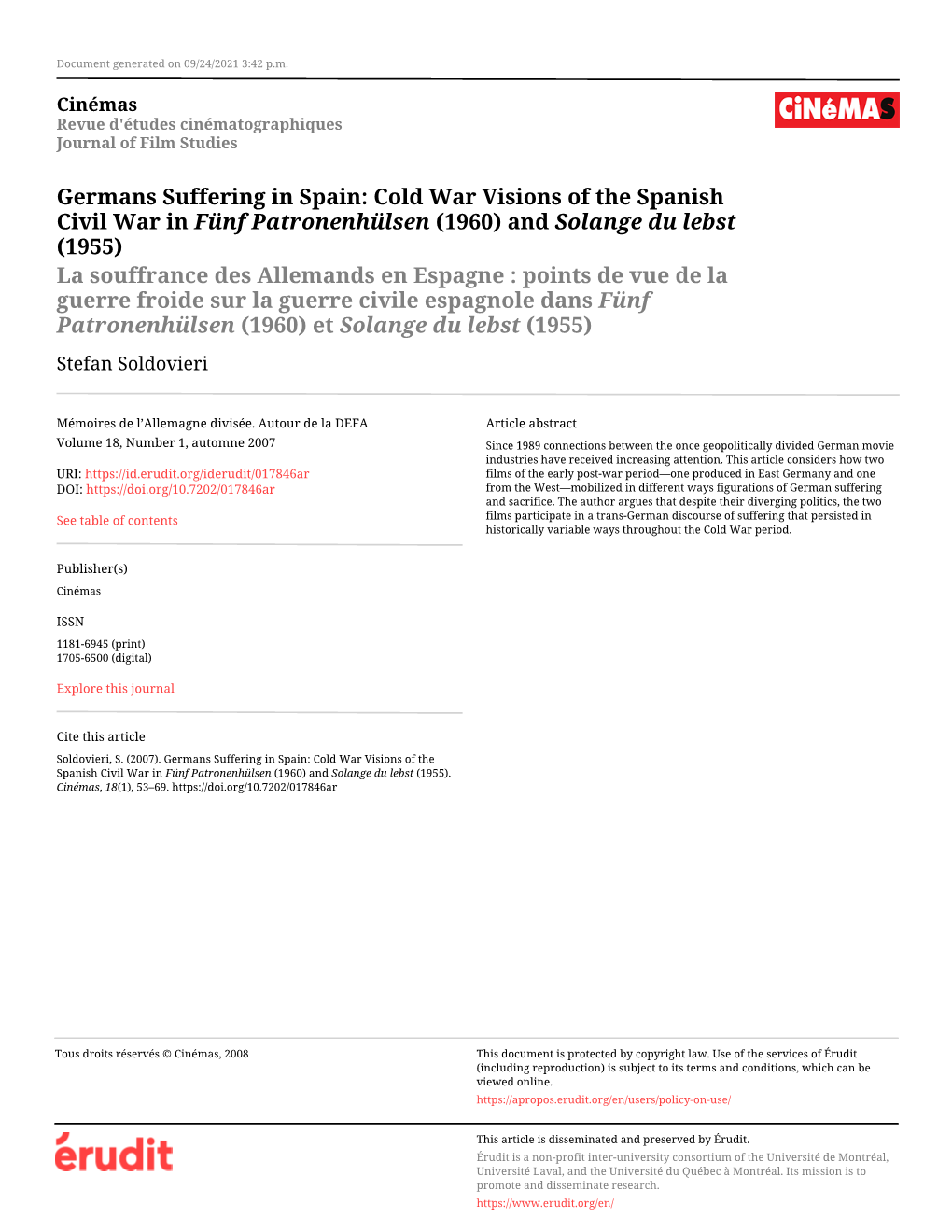 Germans Suffering in Spain: Cold War Visions of the Spanish Civil War In