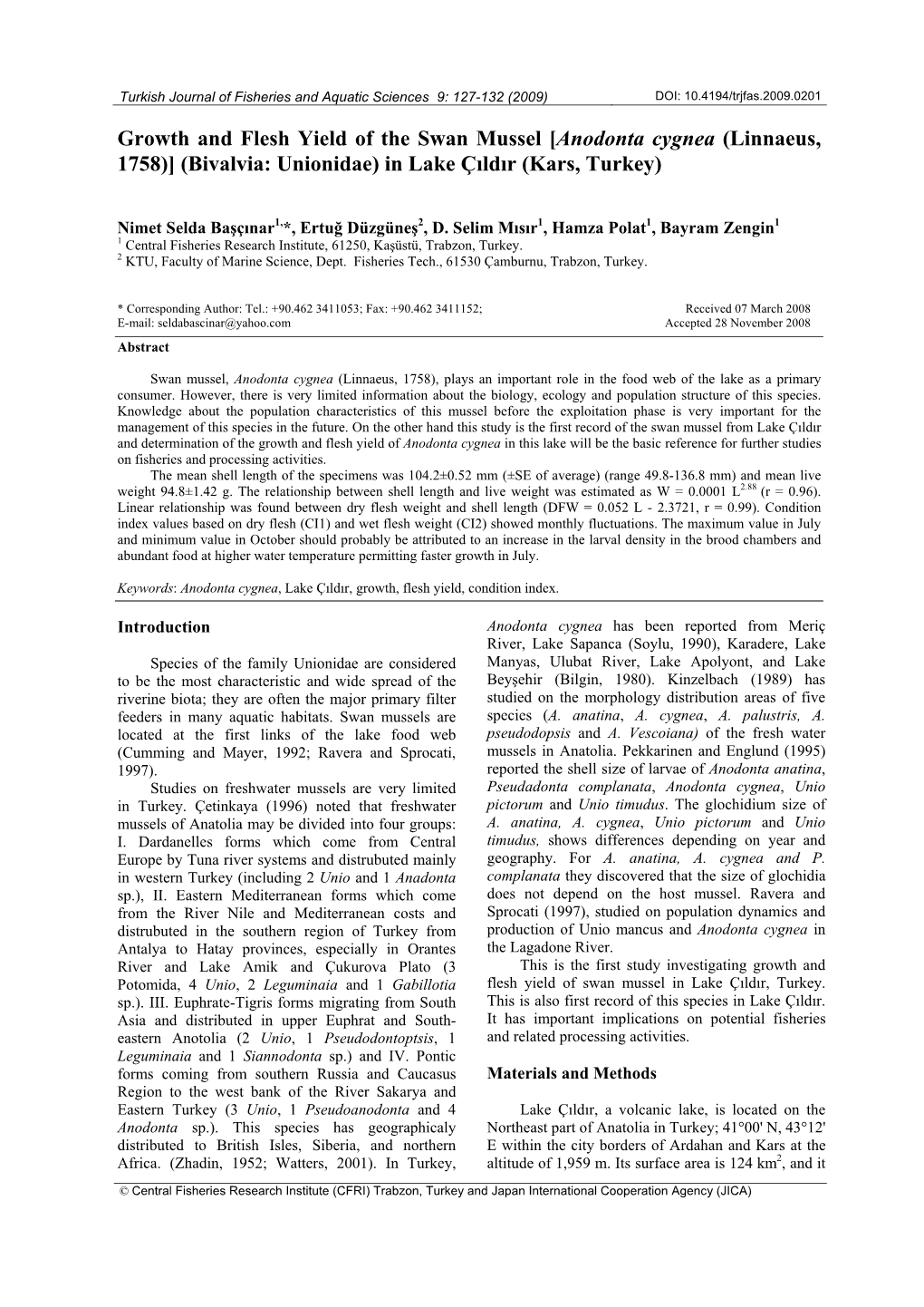 Growth and Flesh Yield of the Swan Mussel [Anodonta Cygnea (Linnaeus