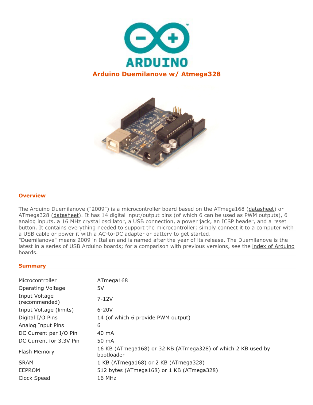 Arduino Duemilanove W/ Atmega328