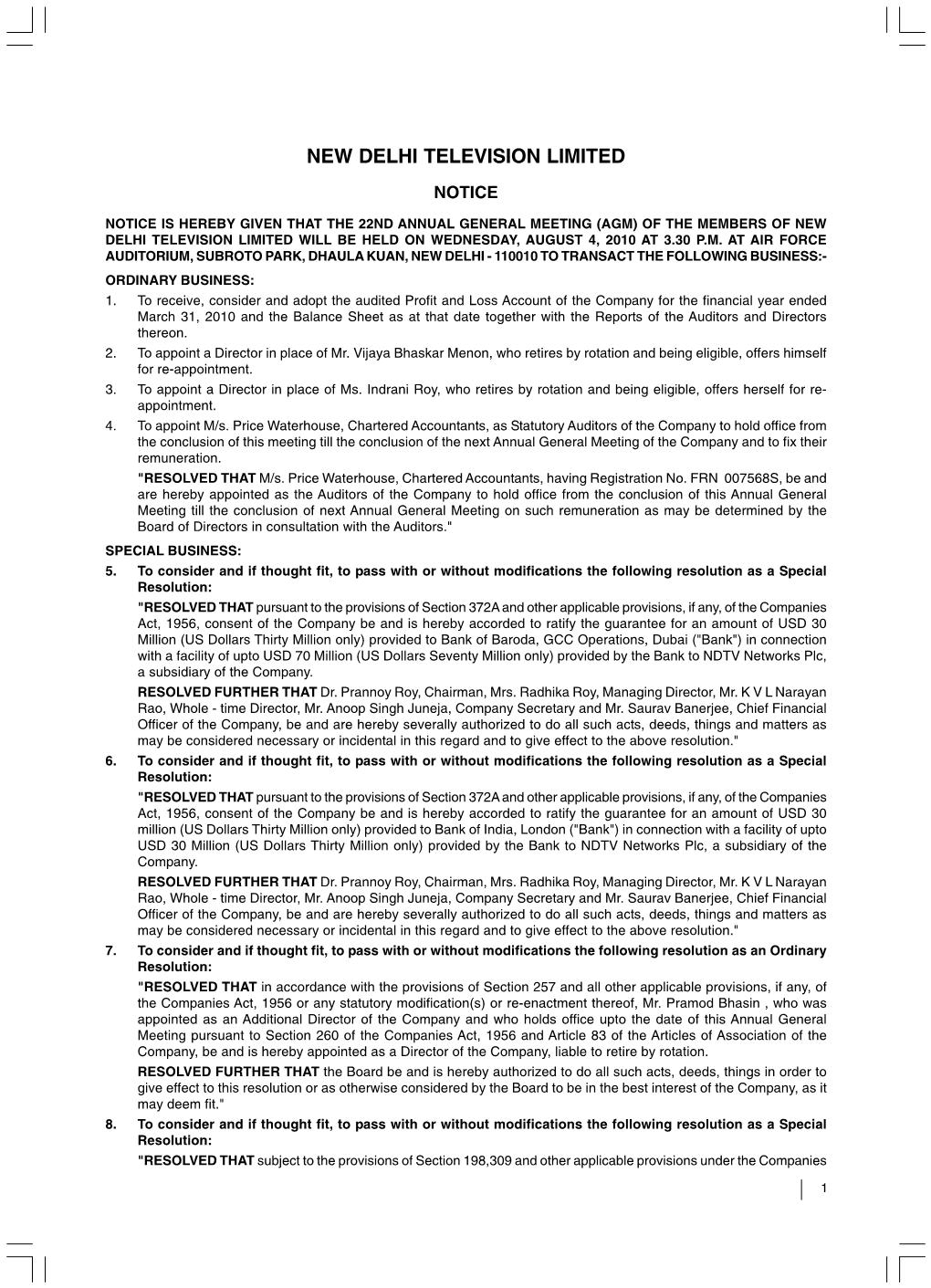 Annual General Meeting Notice 2010