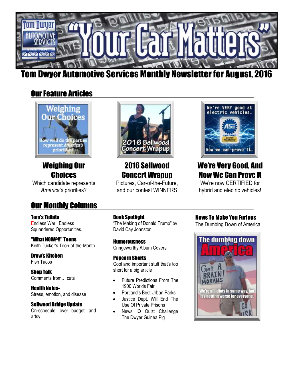 Tom Dwyer Automotive Services Monthly Newsletter for August, 2016