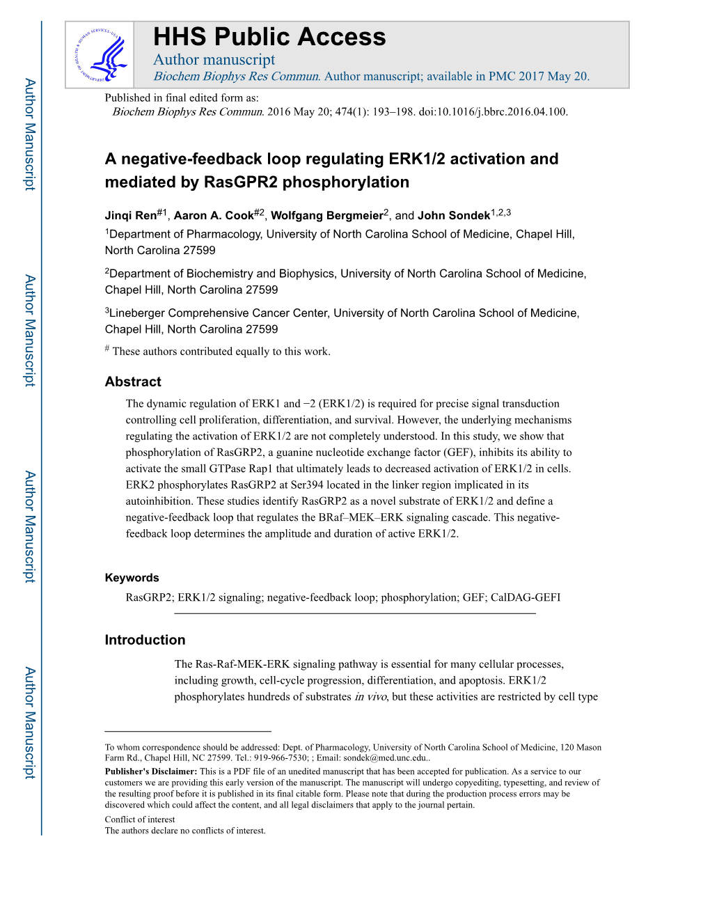 A Negative-Feedback Loop Regulating ERK1/2 Activation and Mediated by Rasgpr2 Phosphorylation