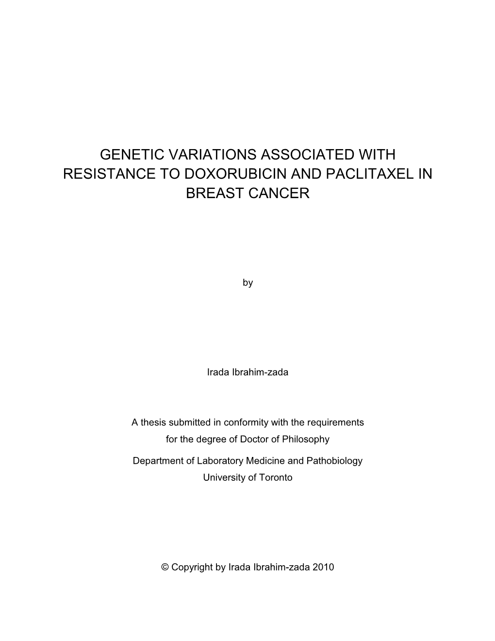 Genetic Variations Associated with Resistance to Doxorubicin and Paclitaxel in Breast Cancer