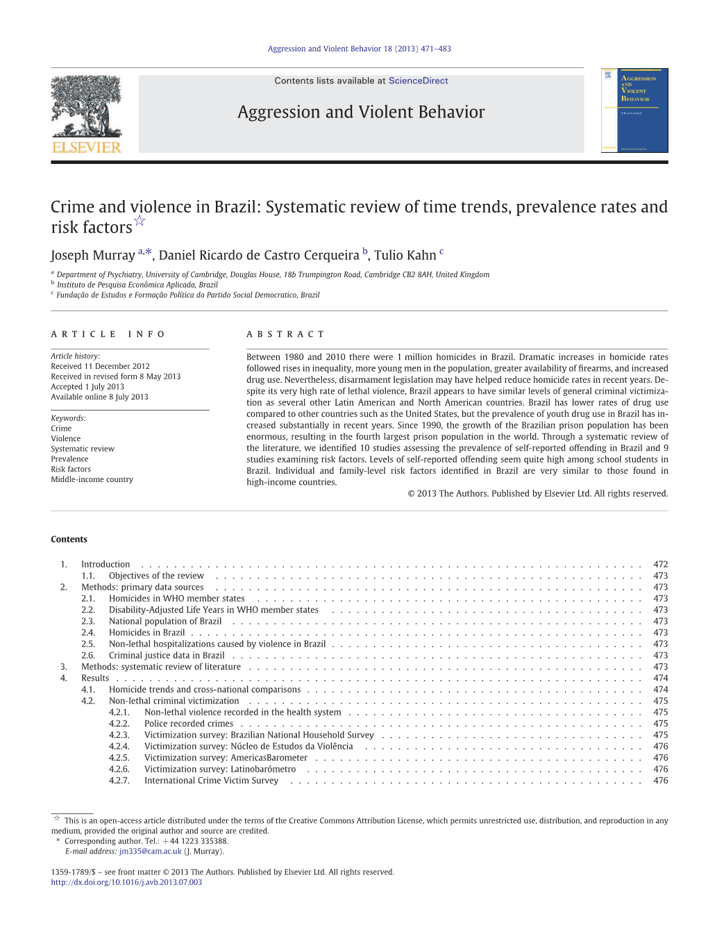 Crime and Violence in Brazil: Systematic Review of Time Trends, Prevalence Rates and Risk Factors☆