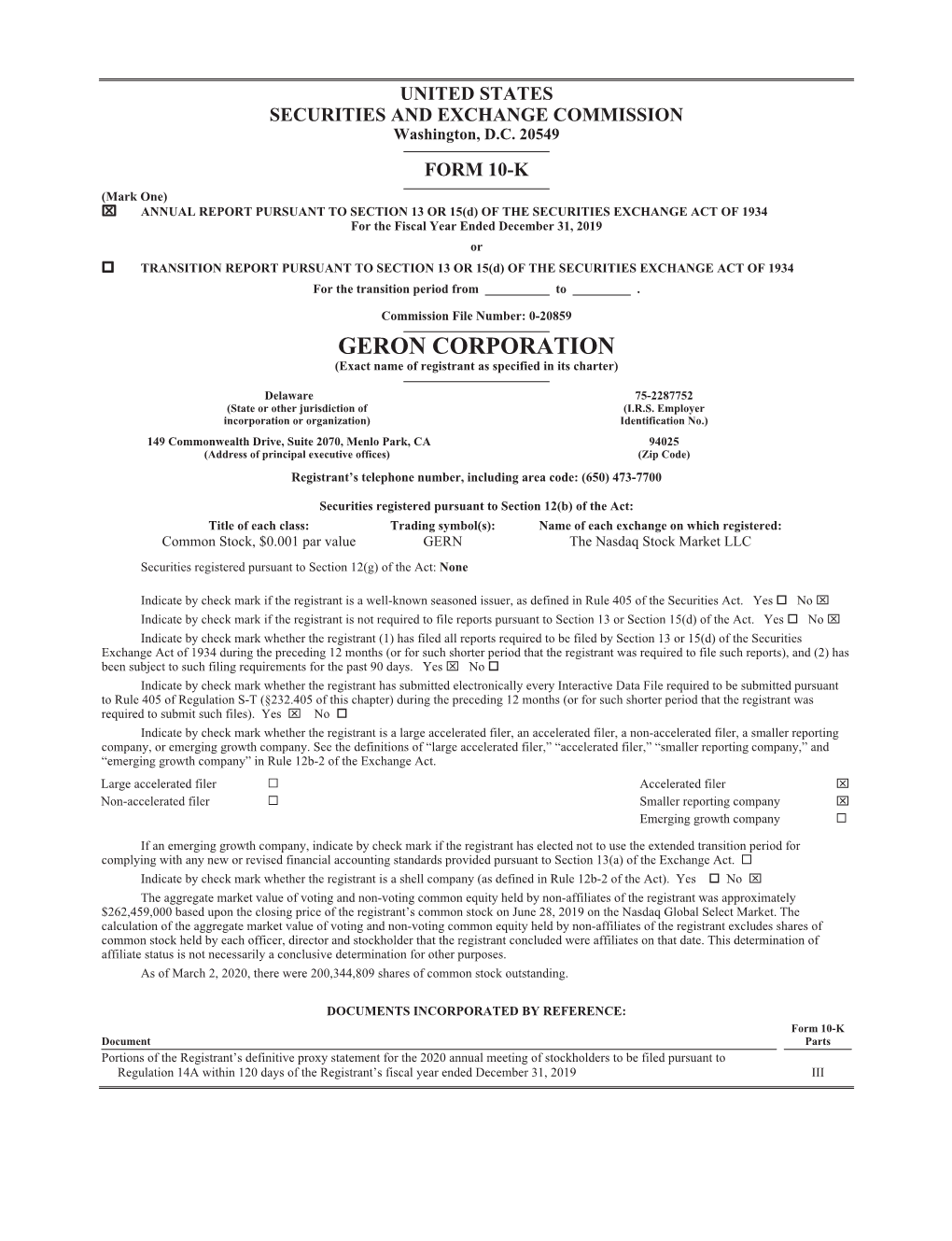 GERON CORPORATION (Exact Name of Registrant As Specified in Its Charter)