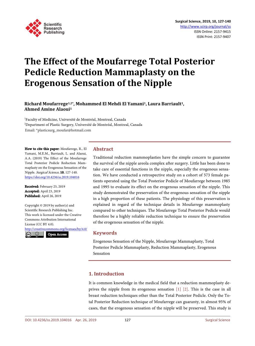 The Effect of the Moufarrege Total Posterior Pedicle Reduction Mammaplasty on the Erogenous Sensation of the Nipple