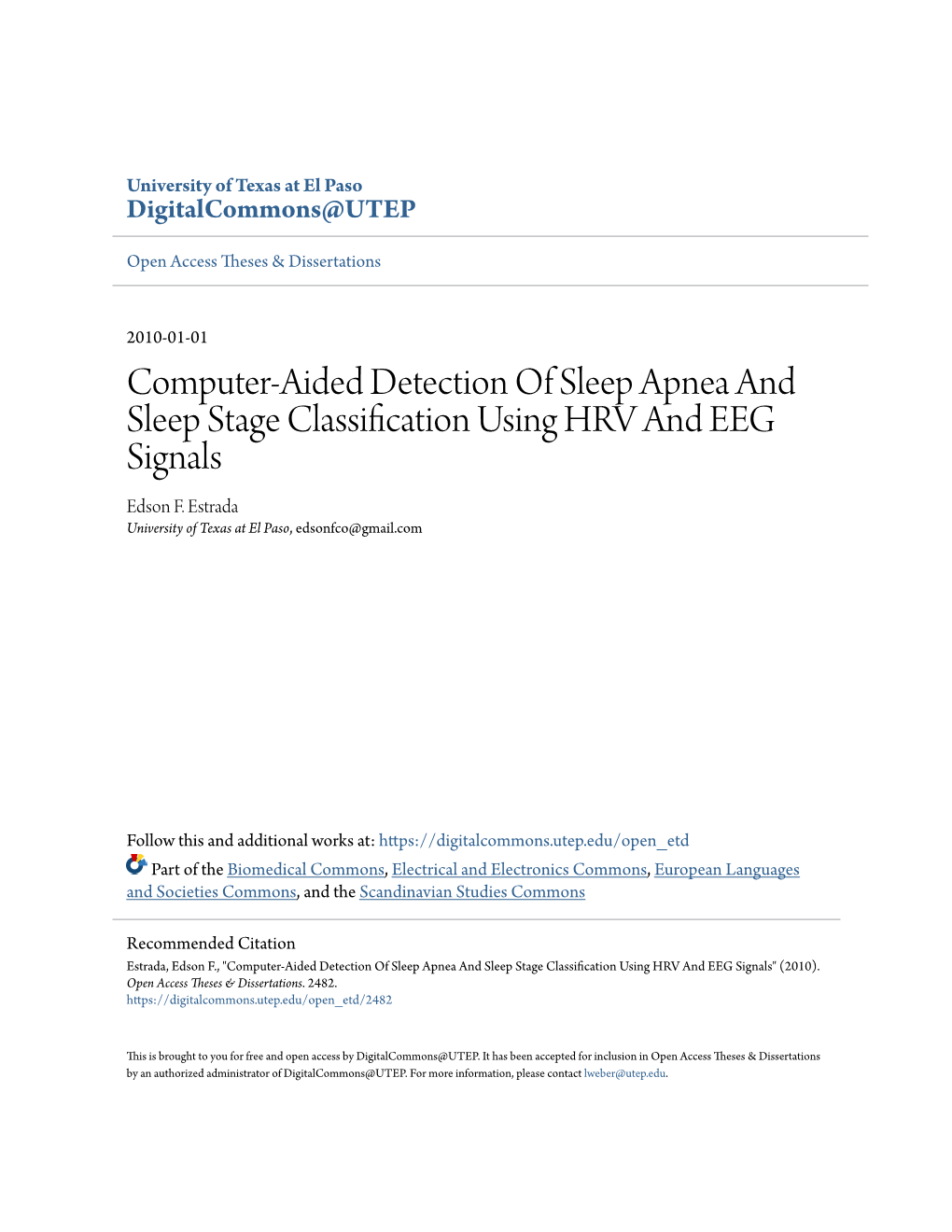 Computer-Aided Detection of Sleep Apnea and Sleep Stage Classification Using HRV and EEG Signals Edson F