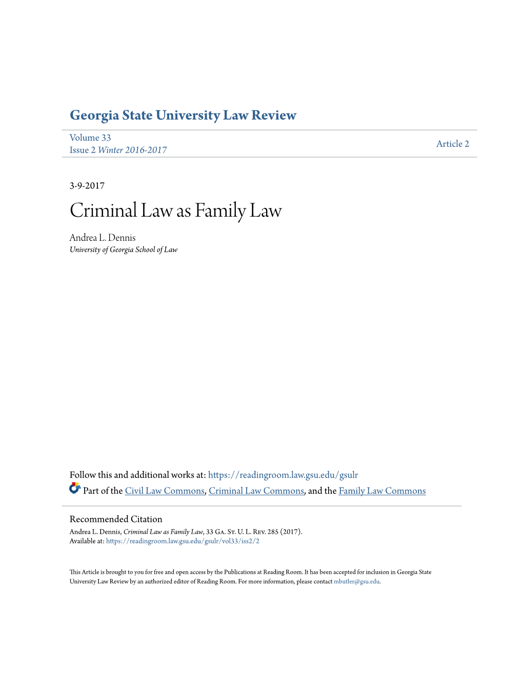 Criminal Law As Family Law Andrea L