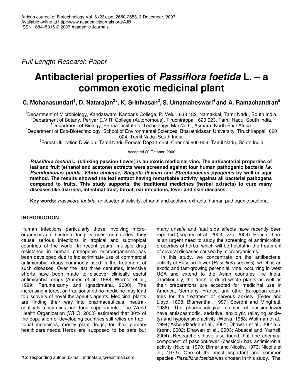 Antibacterial Properties of Passiflora Foetida L. – a Common Exotic Medicinal Plant