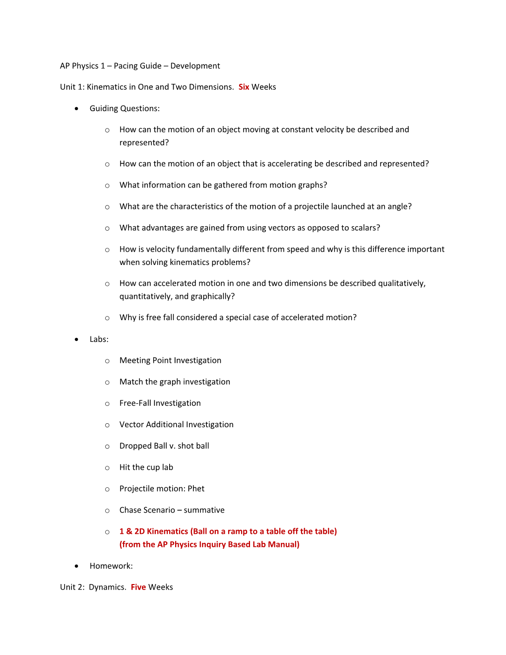 Unit 1: Kinematics in One and Two Dimensions. Six Weeks