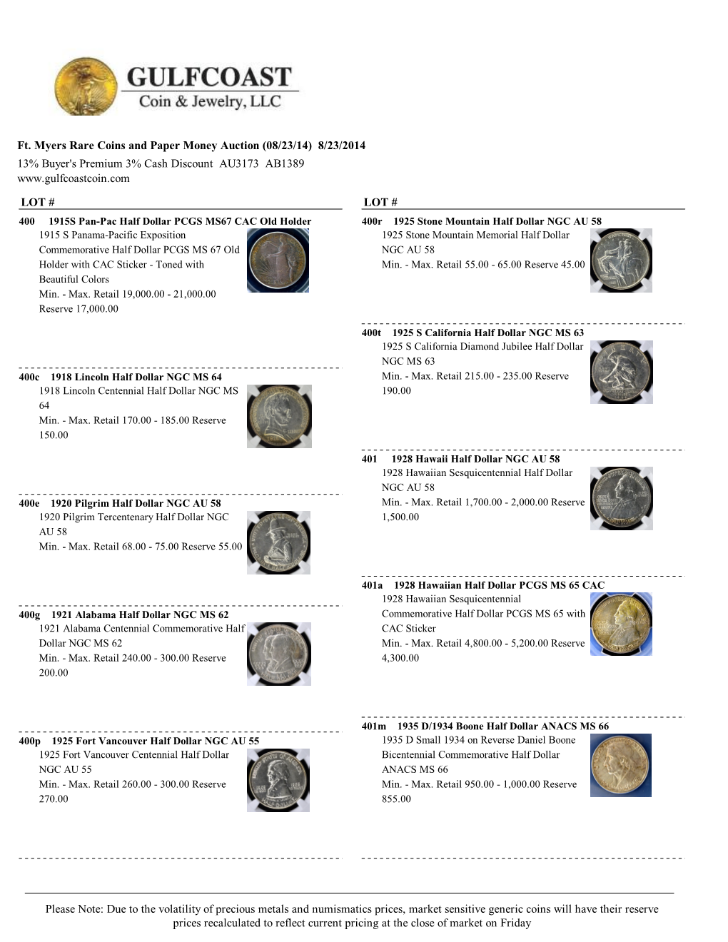 Ft. Myers Rare Coins and Paper Money Auction (08/23/14) 8/23/2014 13% Buyer's Premium 3% Cash Discount AU3173 AB1389