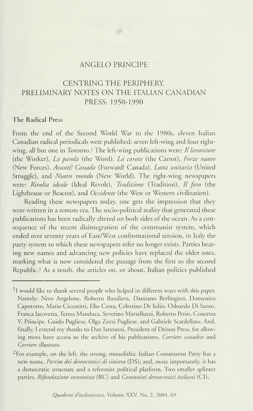 Quaderni D'italianistica : Revue Officielle De La Société Canadienne