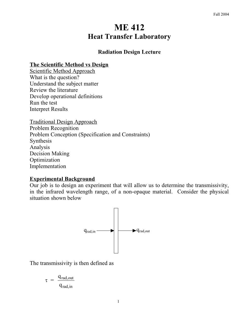 ME 412 Heat Transfer Laboratory Fall 2004
