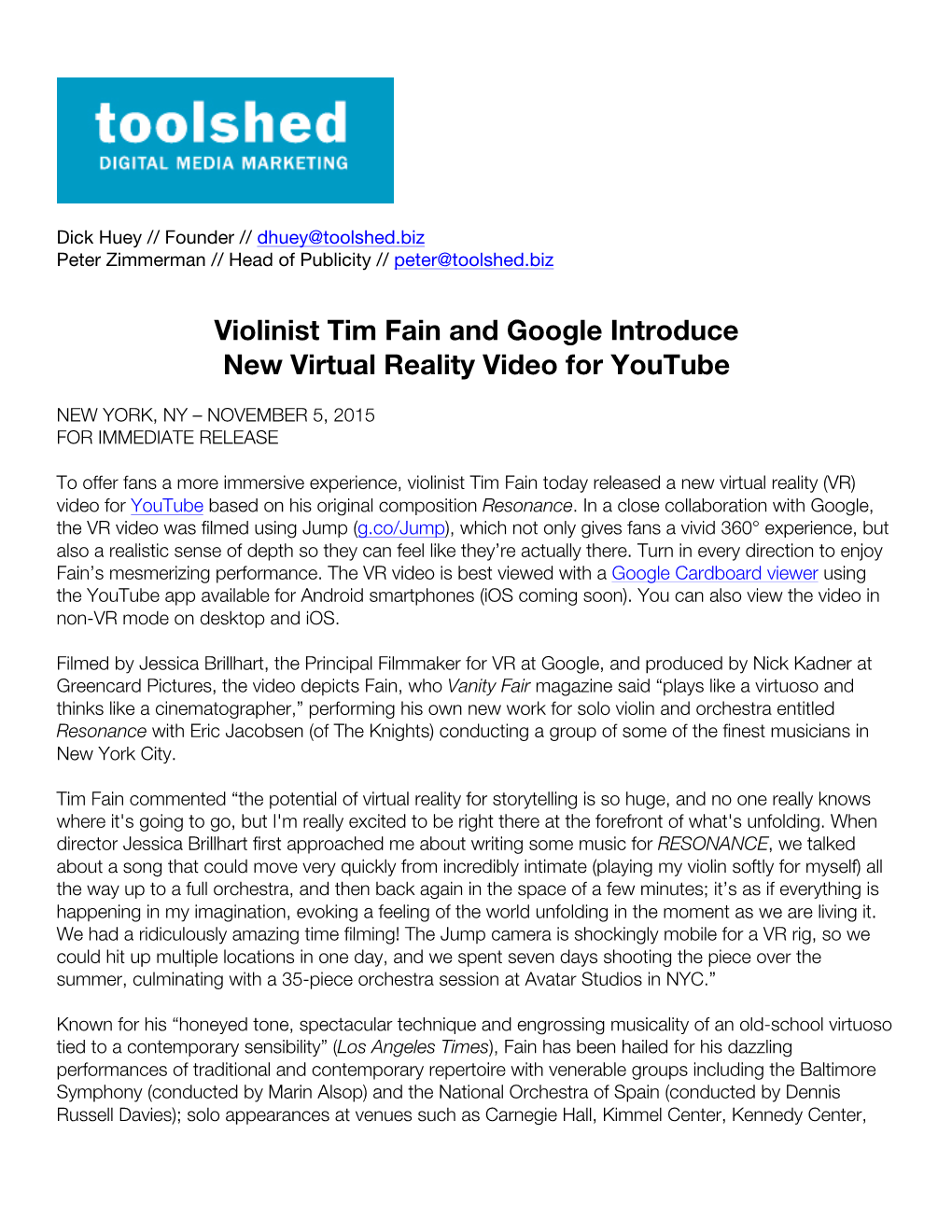 Violinist Tim Fain and Google Introduce New Virtual Reality Video for Youtube