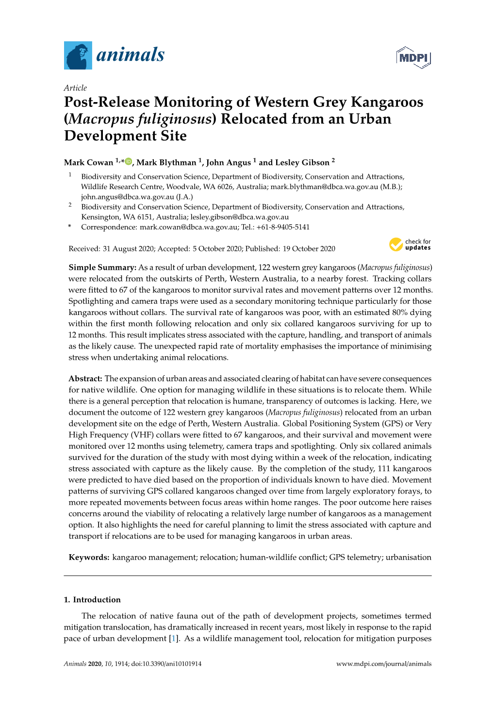 Post-Release Monitoring of Western Grey Kangaroos (Macropus Fuliginosus) Relocated from an Urban Development Site