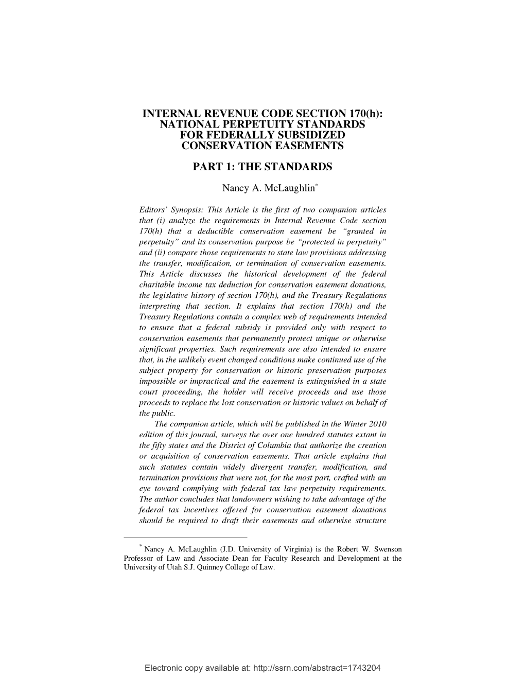 INTERNAL REVENUE CODE SECTION 170(H): NATIONAL PERPETUITY STANDARDS for FEDERALLY SUBSIDIZED CONSERVATION EASEMENTS PART 1: the STANDARDS