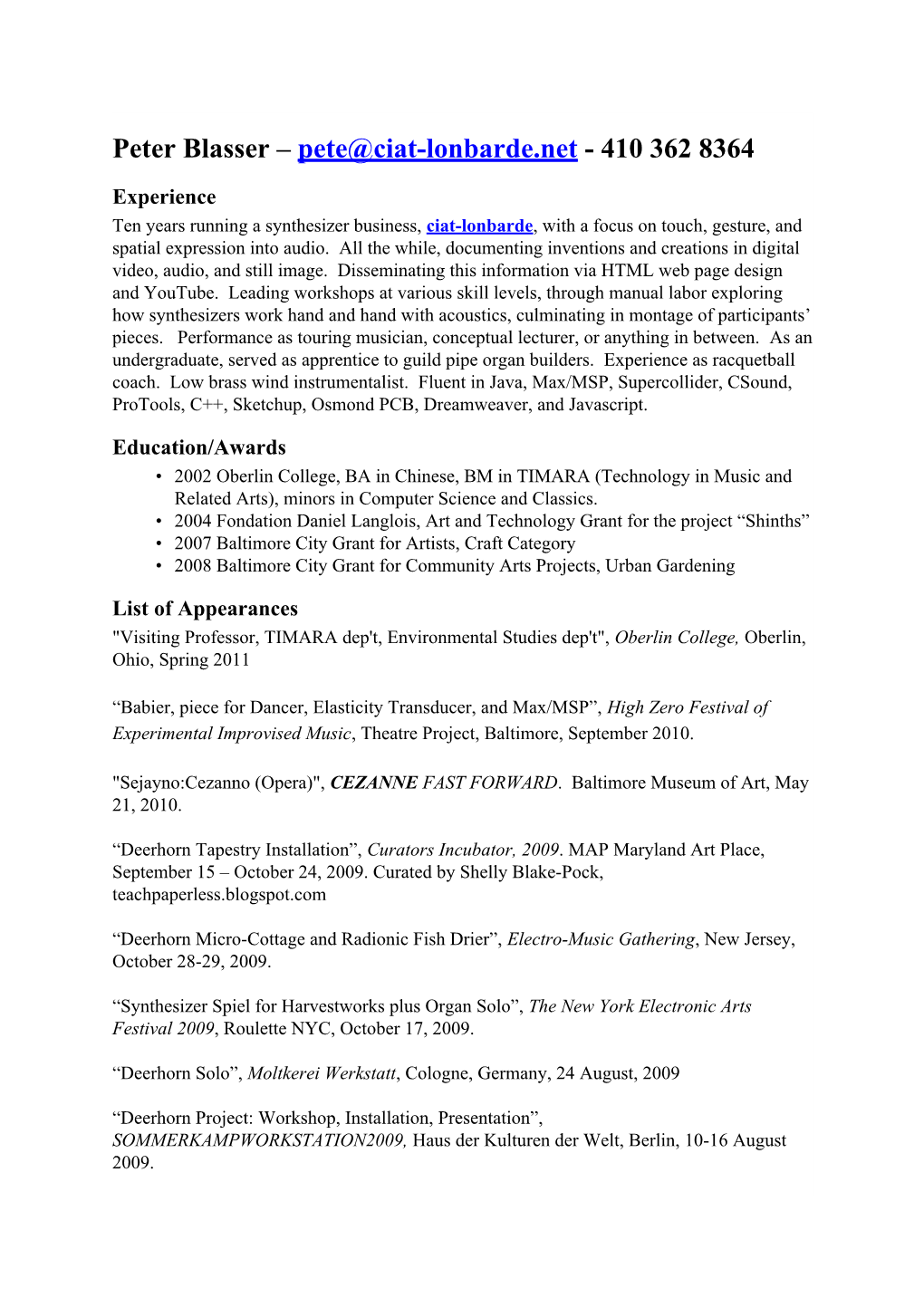 Peter Blasser CV