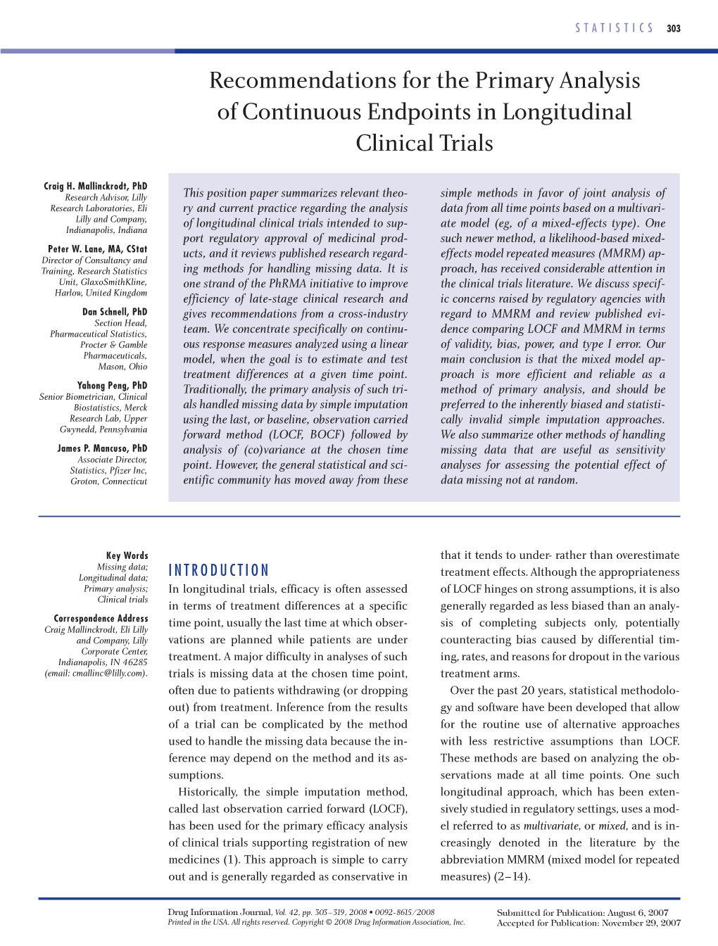 Recommendations for the Primary Analysis of Continuous Endpoints in Longitudinal Clinical Trials