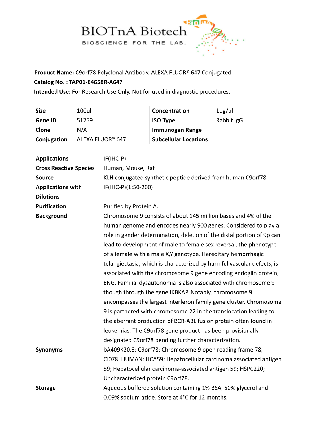 Product Name: C9orf78 Polyclonal Antibody, ALEXA FLUOR® 647 Conjugated Catalog No