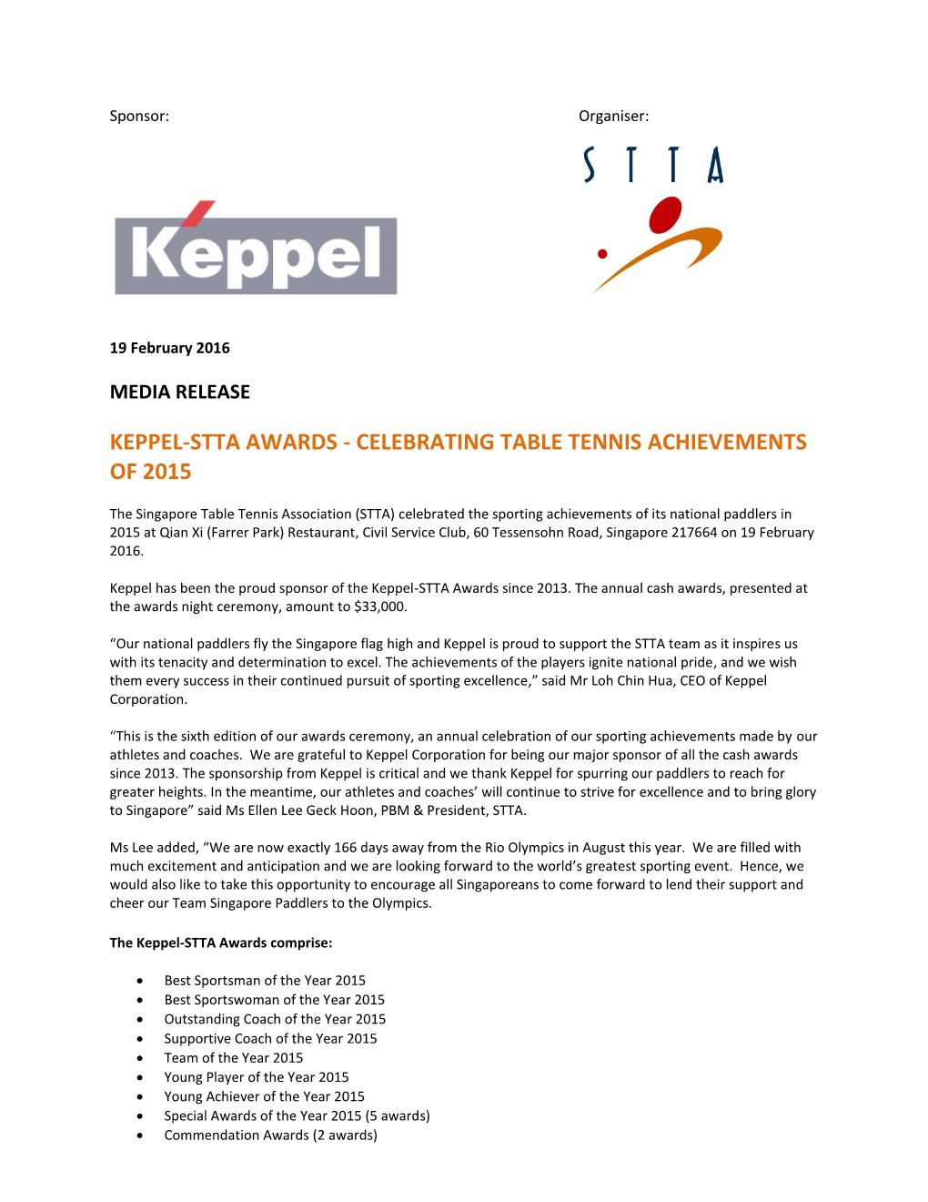 Keppel-Stta Awards - Celebrating Table Tennis Achievements of 2015