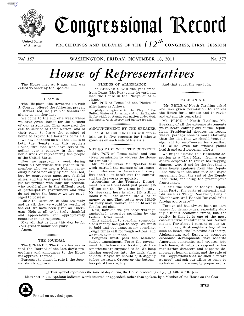 Congressional Record United States Th of America PROCEEDINGS and DEBATES of the 112 CONGRESS, FIRST SESSION