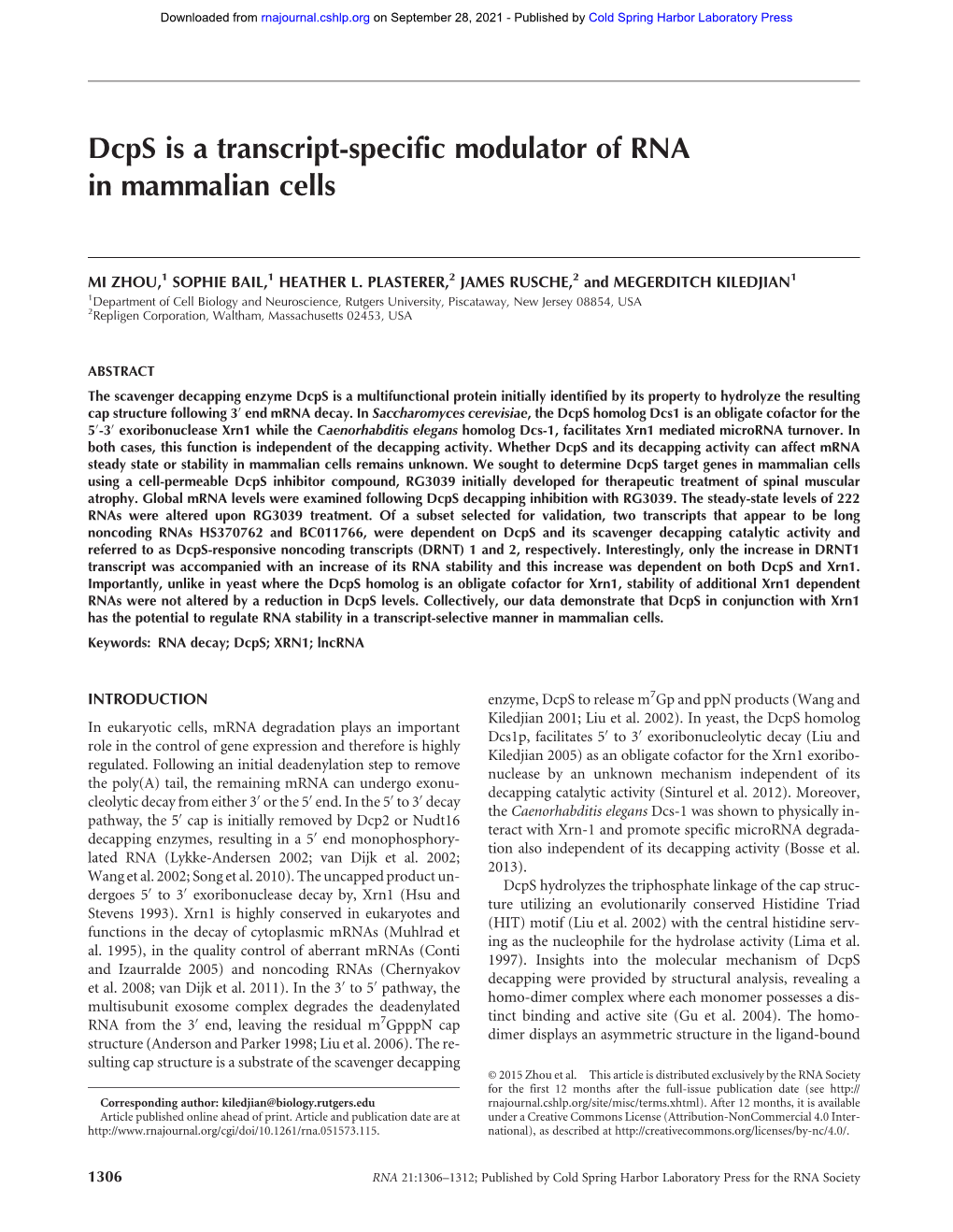 Dcps Is a Transcript-Specific Modulator of RNA in Mammalian Cells