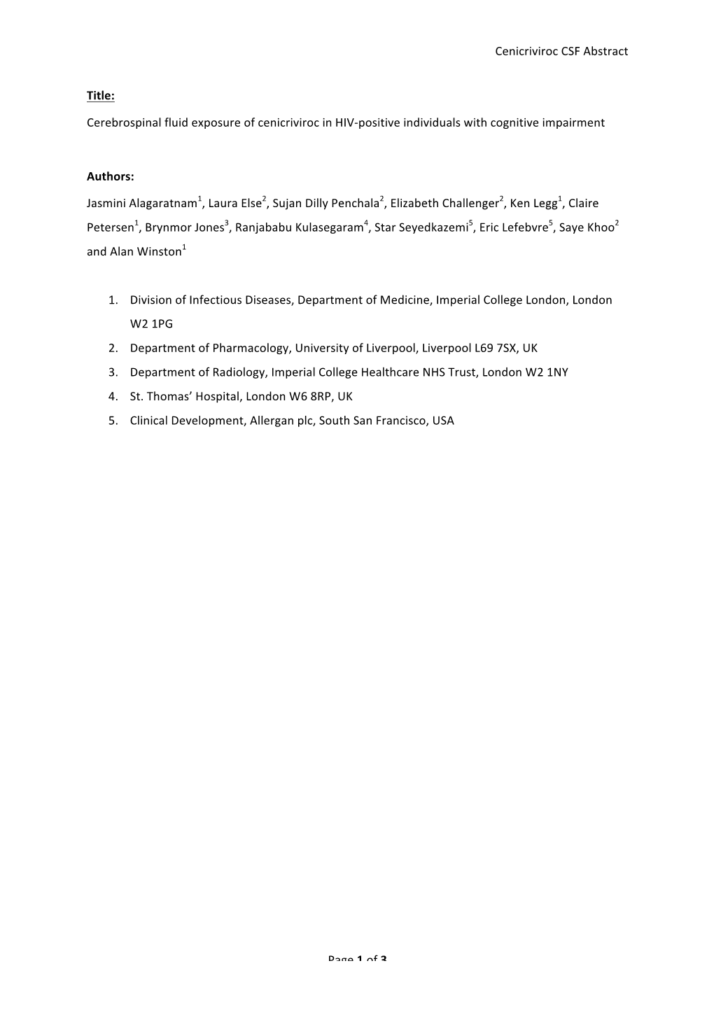 Cenicriviroc CSF Abstract Page 1 of 3 Title: Cerebrospinal Fluid Exposure