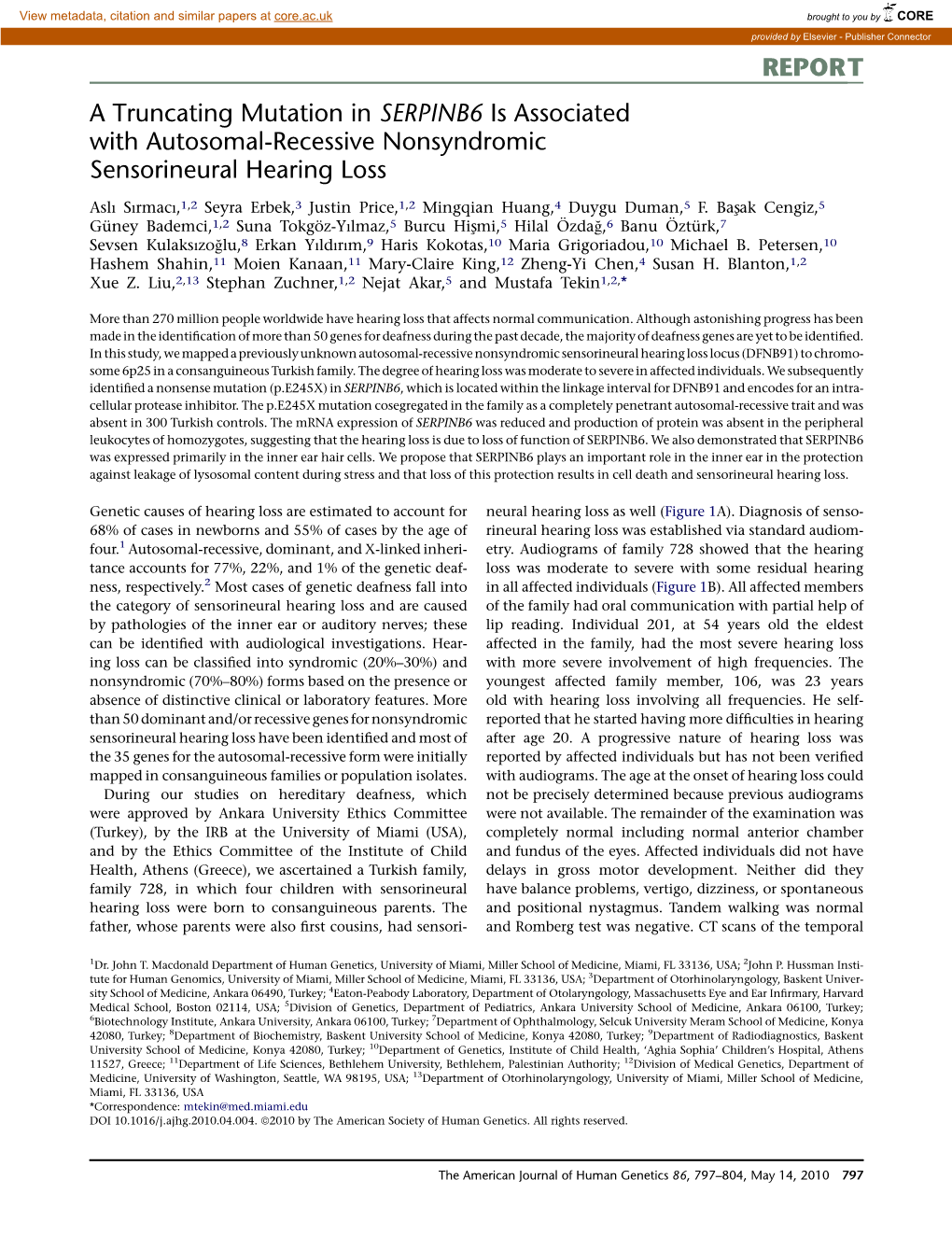 A Truncating Mutation in SERPINB6 Is Associated with Autosomal-Recessive Nonsyndromic Sensorineural Hearing Loss