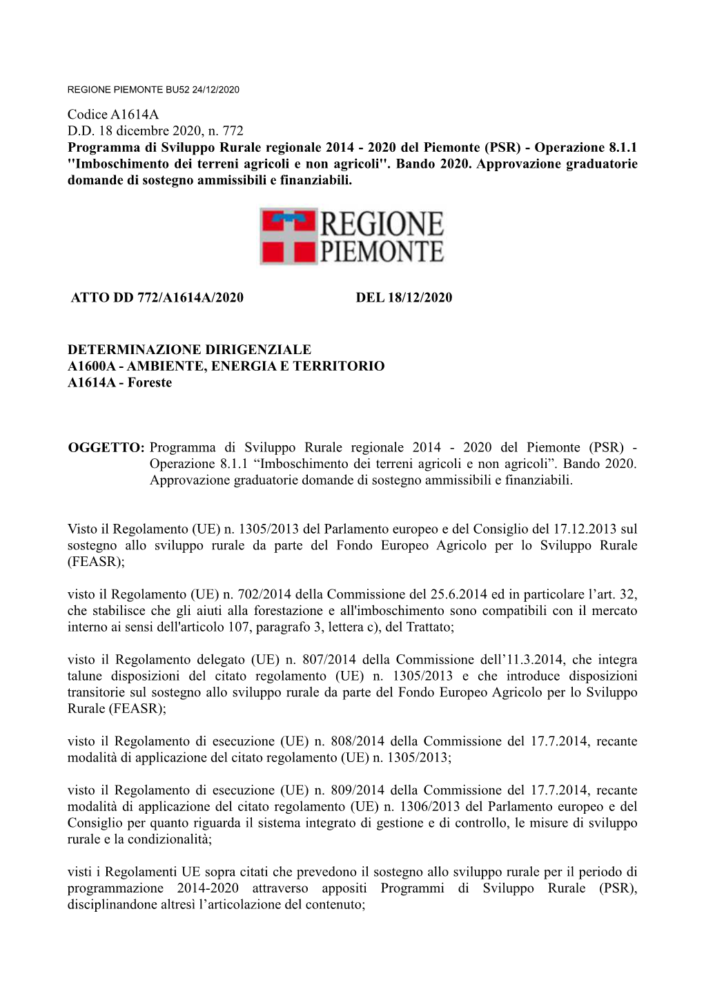 Codice A1614A DD 18 Dicembre 2020, N. 772 Programma Di Sviluppo