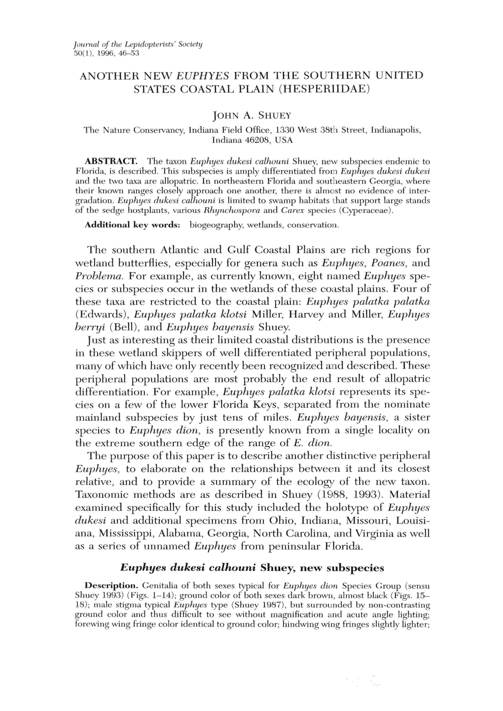 ANOTHER NEW EUPHYES from the SOUTHERN UNITED STATES COASTAL PLAIN (HESPERIIDAE) the Southern Atlantic and Gulf Coastal Plains Ar